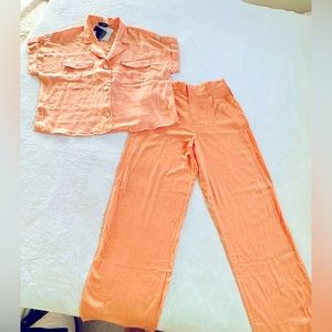 Mark New York Womens Orange Linen Shirt and Pants Set Size S